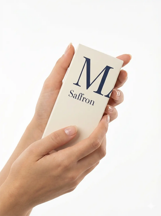 Mãos de uma mulher com manicure limpa segurando uma elegante caixa de presente de açafrão premium Ma Saffron. A embalagem de luxo em cor creme exibe o logotipo da marca com um 'M' grande em azul-marinho e a palavra 'Saffron'. Foto de estúdio focada na qualidade e no design da caixa de presente de açafrão puro para venda online