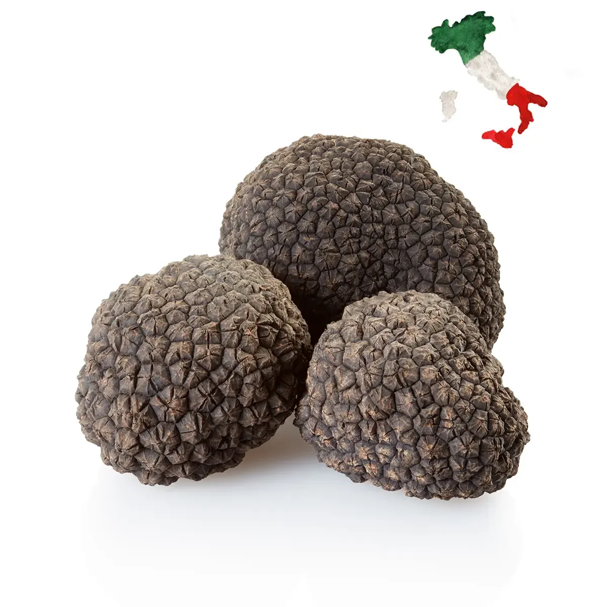 Trufa negra de verão cortada ao meio mostrando o interior bege claro, com o mapa da Itália ao fundo. Produto importado (Scorzone) ideal para quem busca o autêntico sabor italiano no Brasil com excelente custo-benefício.
