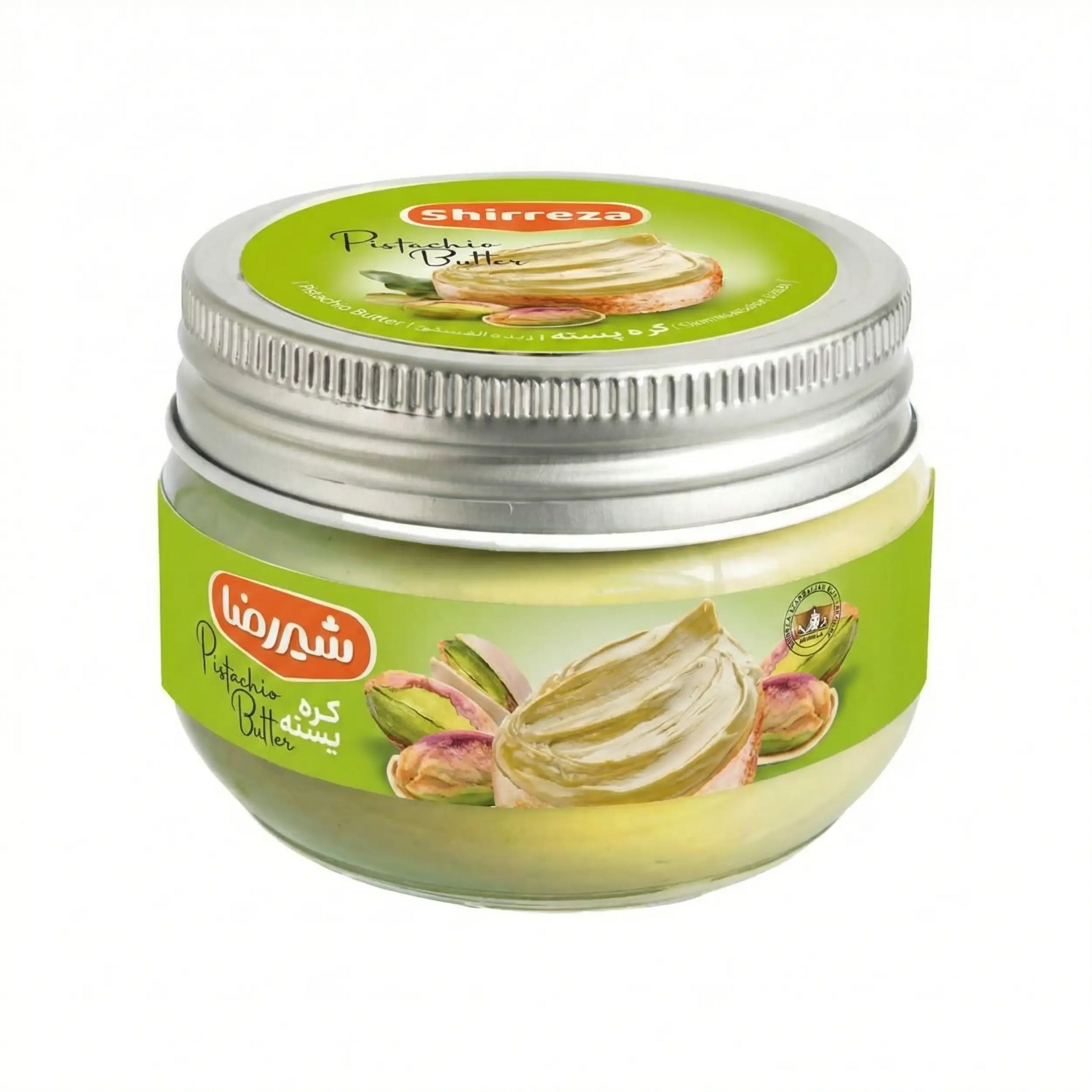 Pote de vidro de manteiga de pistache da renomada marca iraniana Shirreza. Produto 100% natural feito com pistaches selecionados, resultando em um creme verde nutritivo e saboroso. Ideal para um café da manhã saudável.