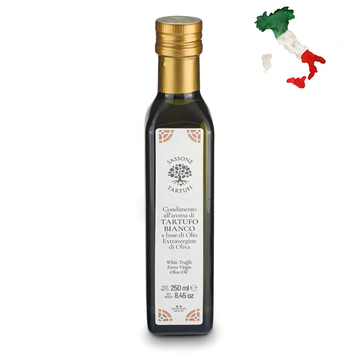 Foto de estúdio da garrafa de 250ml de Condimento com aroma de Trufa Branca Sassone Tartufi, mostrando o rótulo detalhado e o mapa da Itália. Azeite extra virgem trufado.