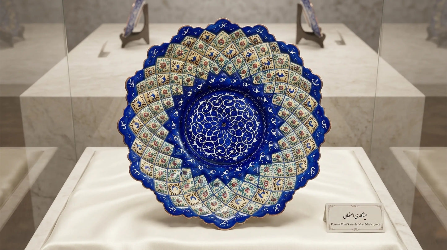 Um par de taças decorativas de metal com tampas abobadadas combinando, ambas meticulosamente pintadas à mão com a arte iraniana Minakari em tons de azul e branco. As peças estão posicionadas lado a lado sobre um banco de madeira rústica e texturizada ao ar livre, sob luz natural, mostrando o contraste entre a esmaltação brilhante e a madeira. Os detalhes intrincados das peças mostram a habilidade artesanal persa na decoração de utilitários e objetos de arte.
