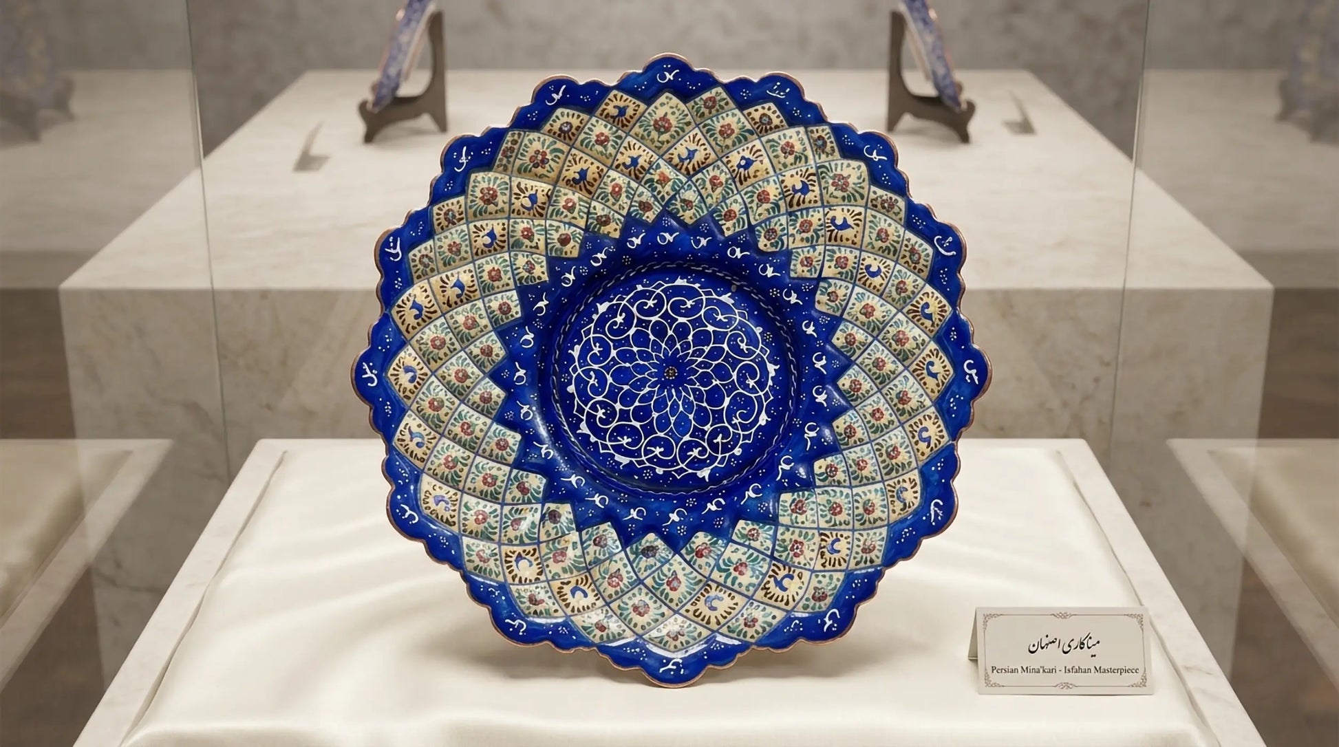 Um par de taças decorativas de metal com tampas abobadadas combinando, ambas meticulosamente pintadas à mão com a arte iraniana Minakari em tons de azul e branco. As peças estão posicionadas lado a lado sobre um banco de madeira rústica e texturizada ao ar livre, sob luz natural, mostrando o contraste entre a esmaltação brilhante e a madeira. Os detalhes intrincados das peças mostram a habilidade artesanal persa na decoração de utilitários e objetos de arte.