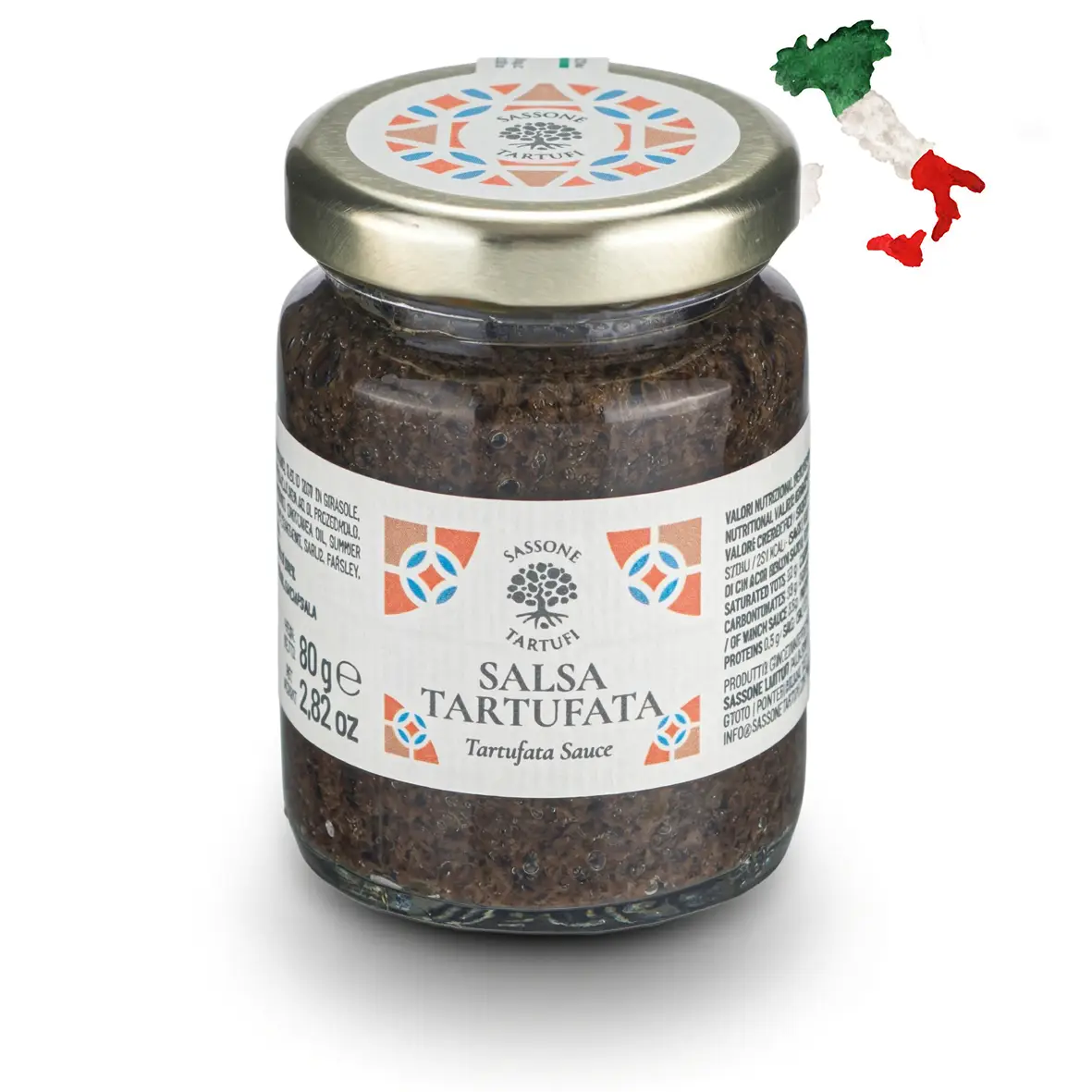 Pote de 80g de autêntica salsa tartufata italiana. Molho premium de trufas negras para alta gastronomia e finalização de pratos.