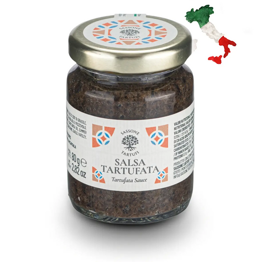 Pote de 80g de autêntica salsa tartufata italiana. Molho premium de trufas negras para alta gastronomia e finalização de pratos.