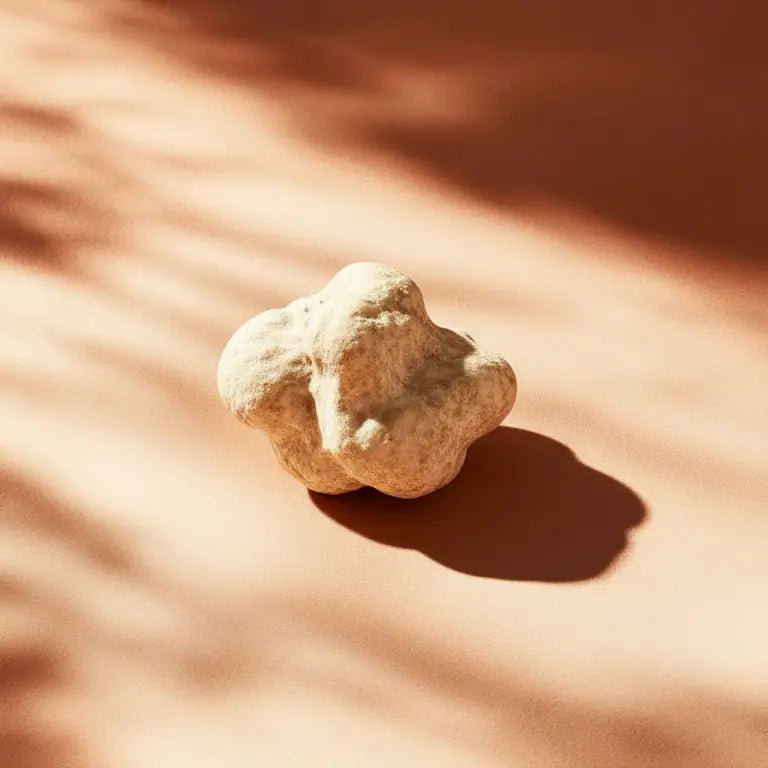 Uma trufa branca Alba da Pregiato Tartufo, pequena e delicada, posicionada em uma superfície lisa de tonalidade terrosa, com sombras suaves e artísticas de folhagens caindo sobre ela. Representa a exclusividade e a natureza intocada do produto.